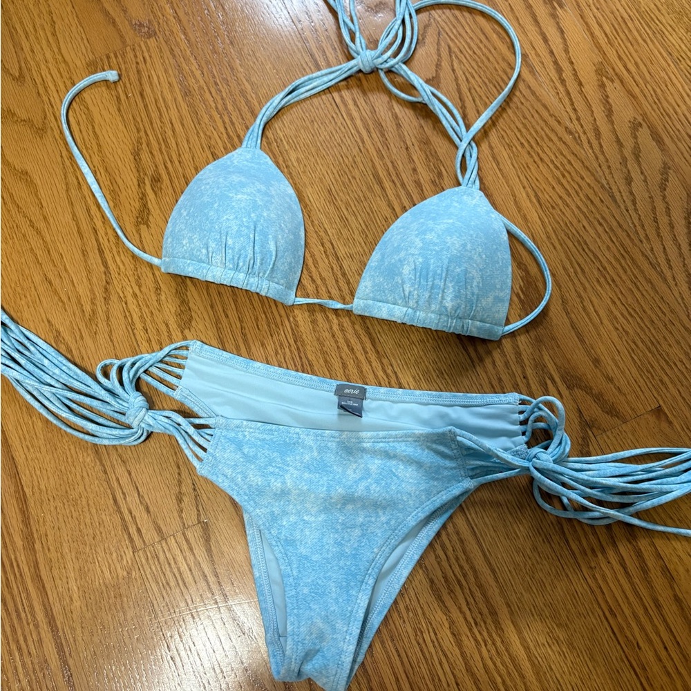 Aerie Blue Triangle Bikini with Strappy Details